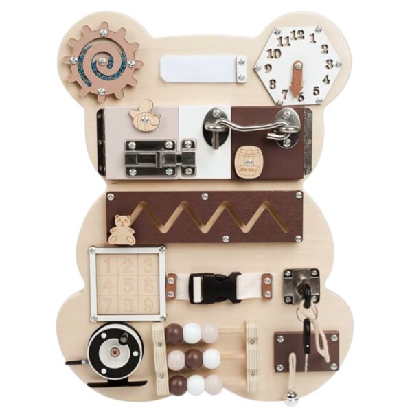 Дървен Бизи Борд Мече GINGER HOME, Монтесори Дъска за Фина Моторика, 30x39 см