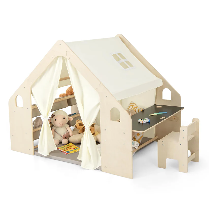 дървена къща Детска Дървена Къща за Игра 6 в 1 GINGER HOME – Стол, Маса, Черна Дъска, Органайзер, Тента и Мека Подложка