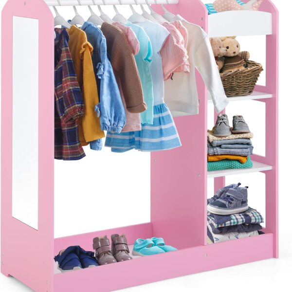 Детска Стойка за Дрехи с Огледало GINGER HOME - Отворен Детски Гардероб с Рафтове и Закачалки, Розов, 94x38x100 см