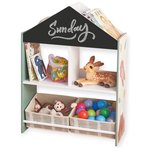 Детски Шкаф GINGER HOME, Етажерказа Играчки и Книжки  с Мече, Черна Дъска за Писане, Къщичка FOREST