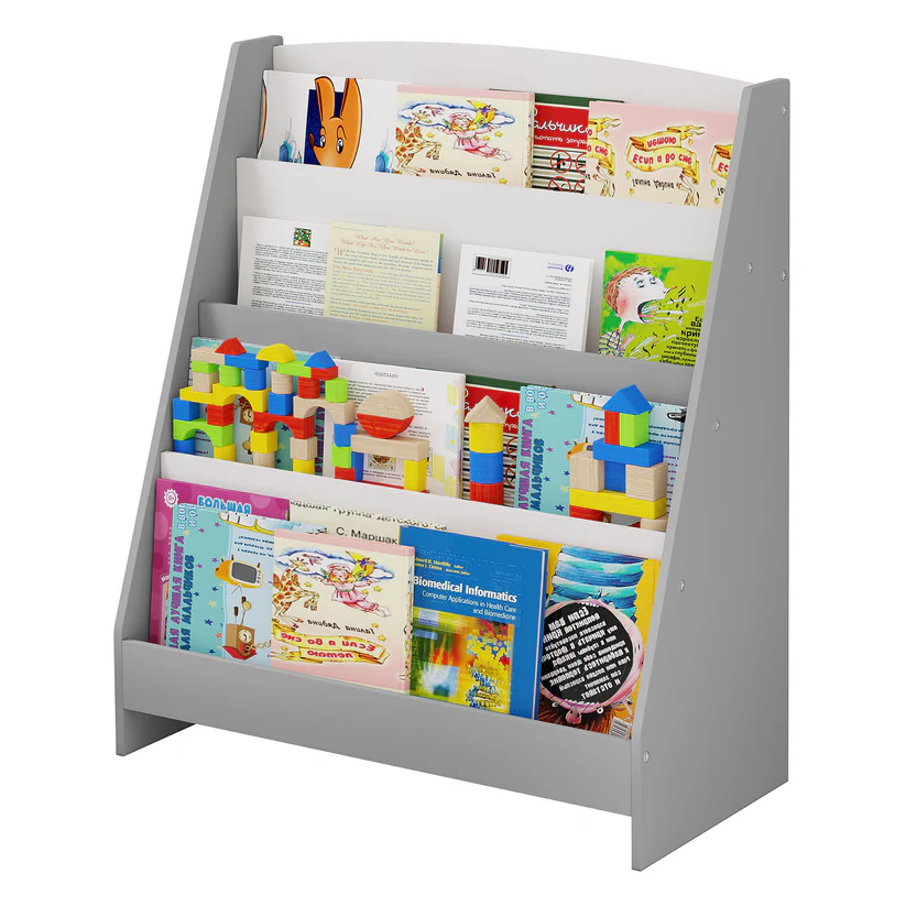 ет 1 Детска Етажерка за Книжки и Списания, Библиотека с Рафтове, Дървена Секция - Бяло и Сиво
