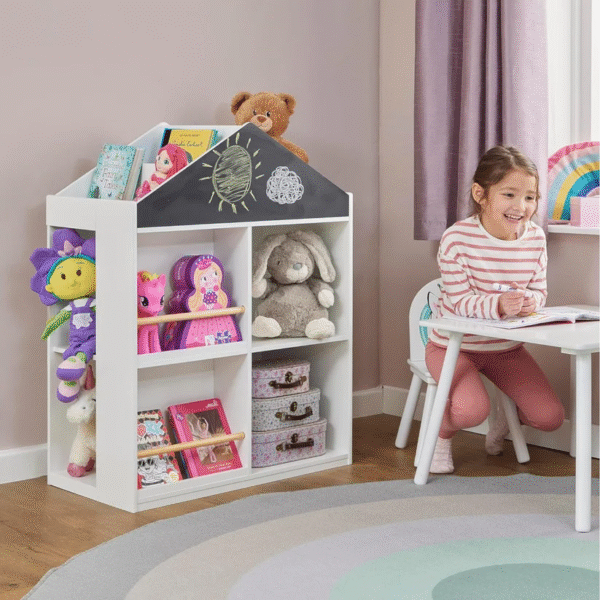 Детска Етажерка за Играчки и Книги GINGER HOME, Къща с Рафтoве и Дъска за Рисуване, Монтесори, Бяла, 72.5x40x95.8 см