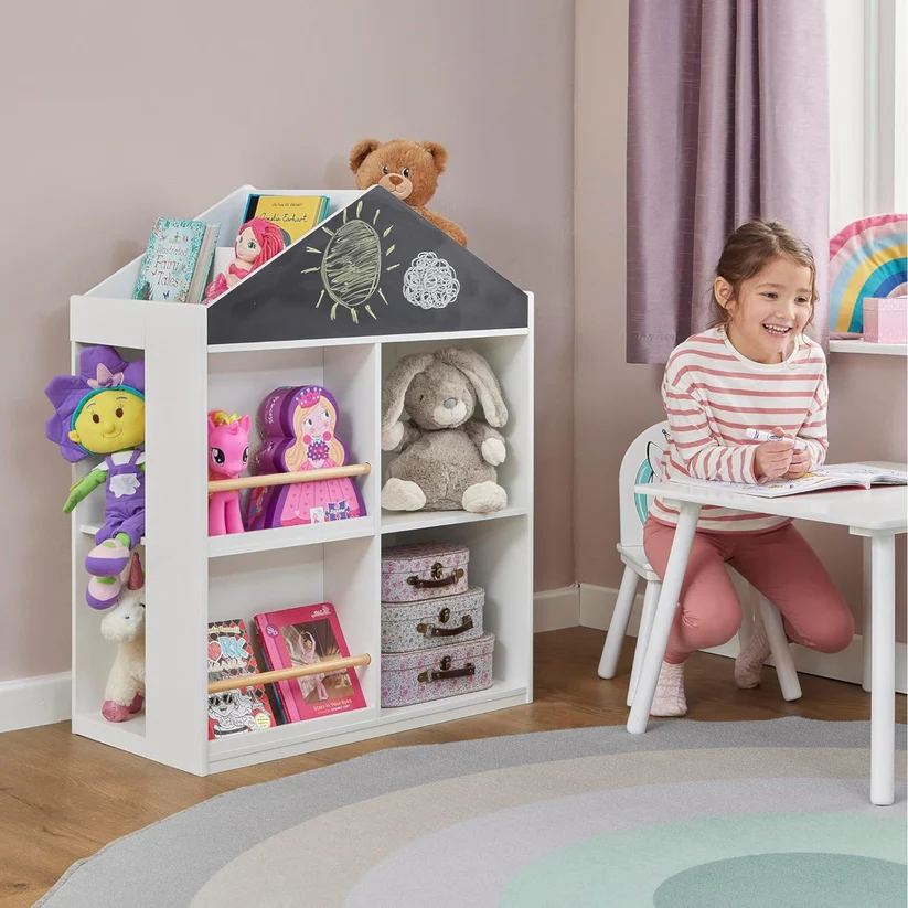 етажерка 3 Детска Етажерка за Играчки и Книги GINGER HOME, Къща с Рафтoве и Дъска за Рисуване, Монтесори, Бяла, 72.5x40x95.8 см