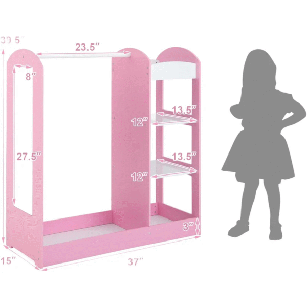 Детска Стойка за Дрехи с Огледало GINGER HOME - Отворен Детски Гардероб с Рафтове и Закачалки, Розов, 94x38x100 см
