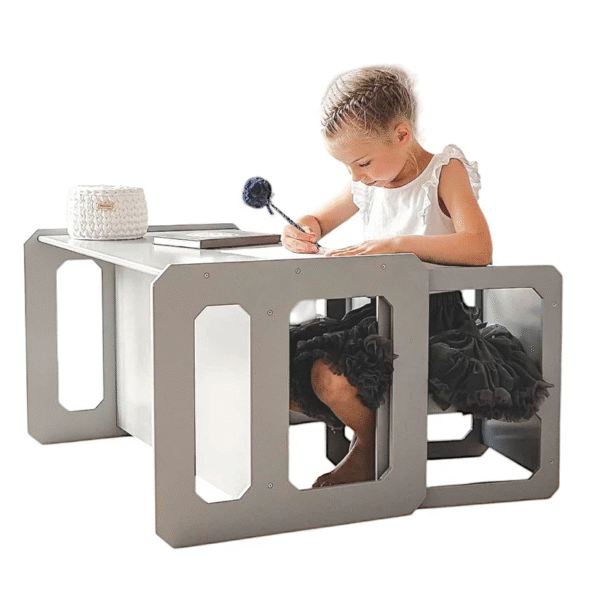 Монтесори Детска маса и Столче GINGER HOME, Дървен Комплект 3 в 1, бяло и сиво