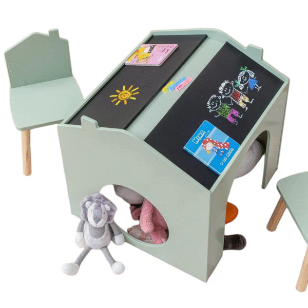 Детска Маса GINGER HOME с 2 Столчета - Мултиактивна Къщичка с Черна Дъска, Плот за Рисуване и Четене
