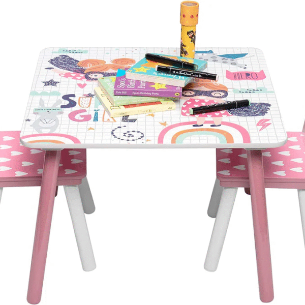Детска Дървена Маса с 2 Столчета, Комплект за Учене, Игра, Рисуване, Хранене, Бяло, Розово - SUPER GIRL