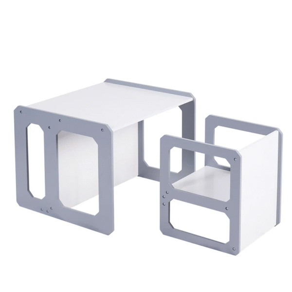 Монтесори Детска маса и Столче GINGER HOME, Дървен Комплект 3 в 1, бяло и сиво