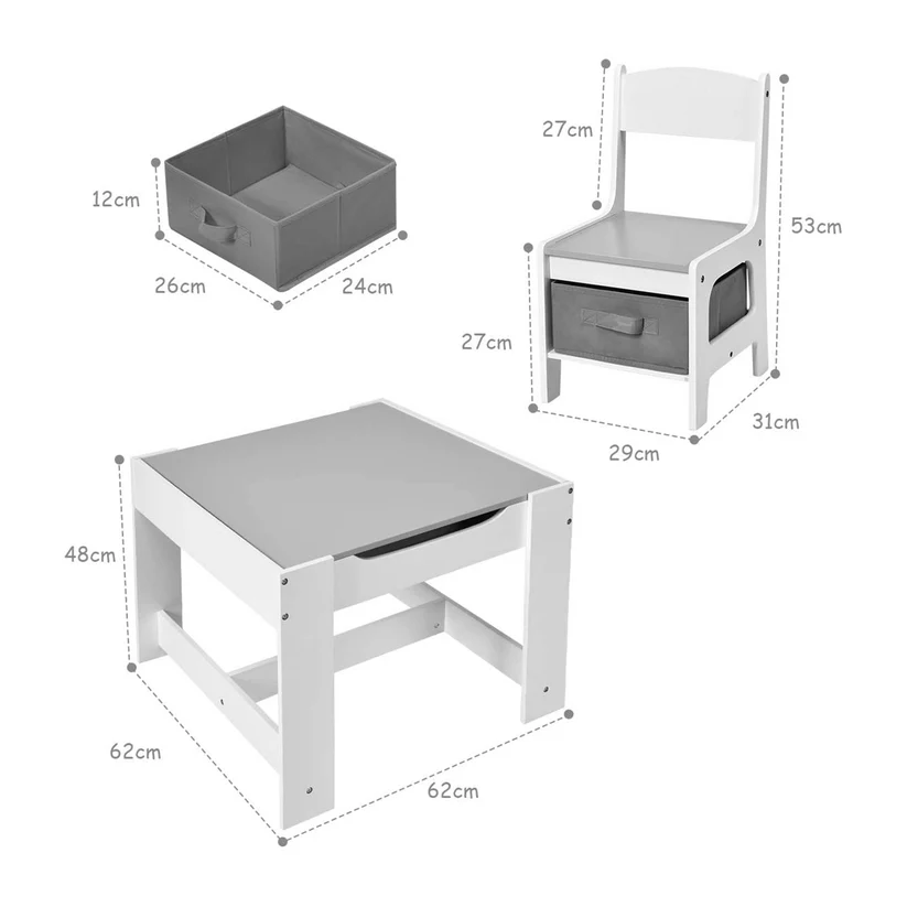 маса 4 Детска Маса със Столчета, Двустранна, с Черна Дъска, 2 в 1 за Игра и Съхранение, WHITE/GREY