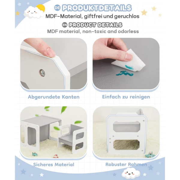 Монтесори Детска маса и Столче GINGER HOME, Дървен Комплект 3 в 1, бяло и сиво