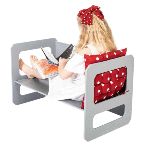 Монтесори Детска маса и Столче GINGER HOME, Дървен Комплект 3 в 1, бяло и сиво