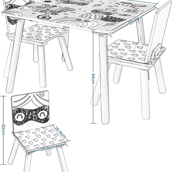 Детска Дървена Маса с 2 Столчета, Комплект за Учене, Игра, Рисуване, Хранене, Бяло, Розово - SUPER GIRL