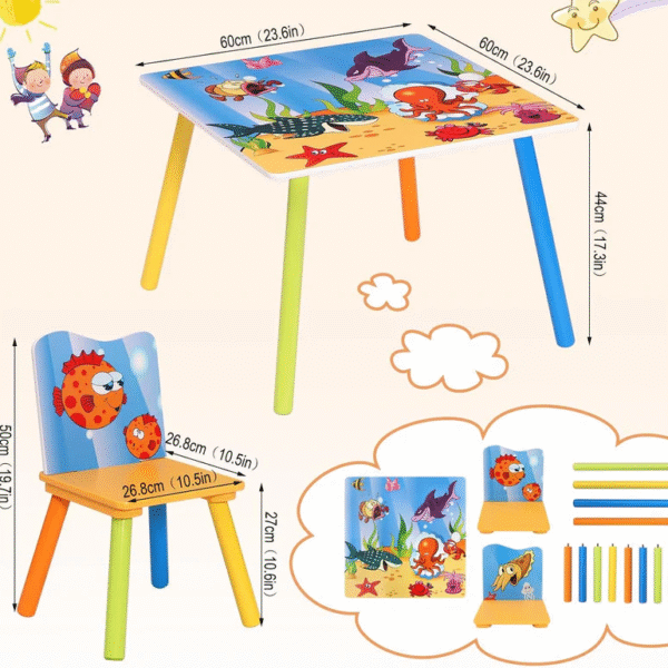 Детска Дървена Маса и Столчета GINGER HOME с Морски Животни - Комплект за Рисуване, Игра, Учене и Хранене