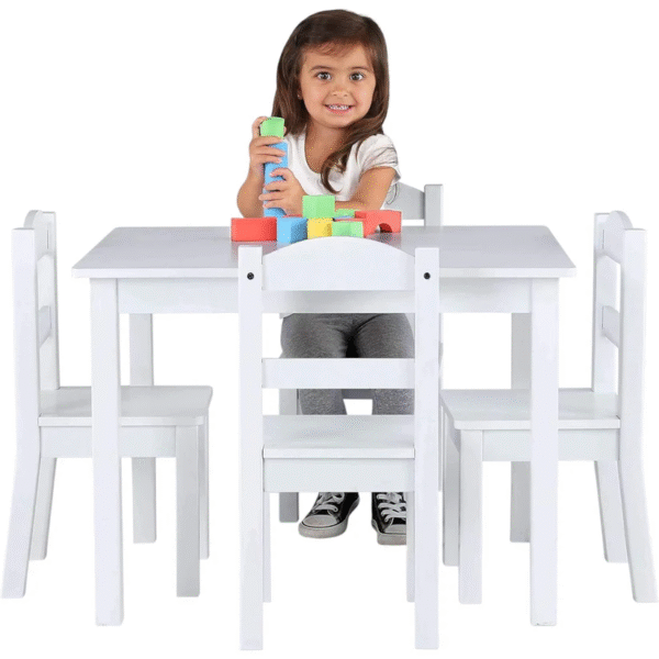 Детска Маса с 4 Столчета GINGER HOME, Дървен Комплект за Игра и Учение, Бял, 66x56x48 см
