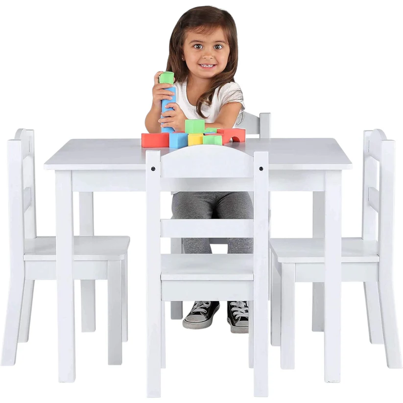 маса и стол 4 Детска Маса с 4 Столчета GINGER HOME, Дървен Комплект за Игра и Учение, Бял, 66x56x48 см