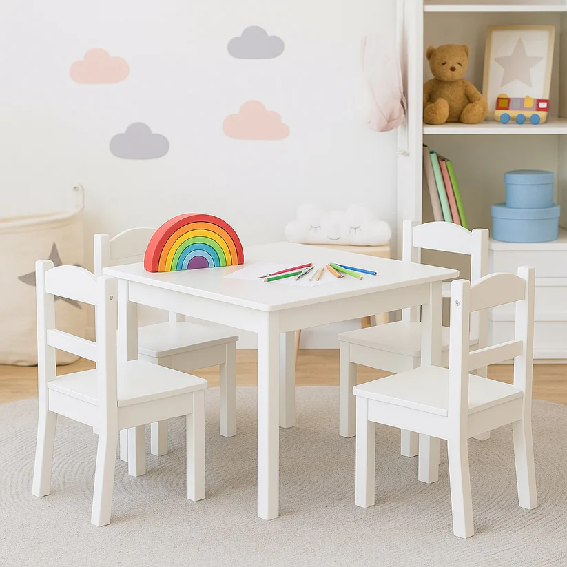 маса и стол 5 Детска Маса с 4 Столчета GINGER HOME, Дървен Комплект за Игра и Учение, Бял, 66x56x48 см