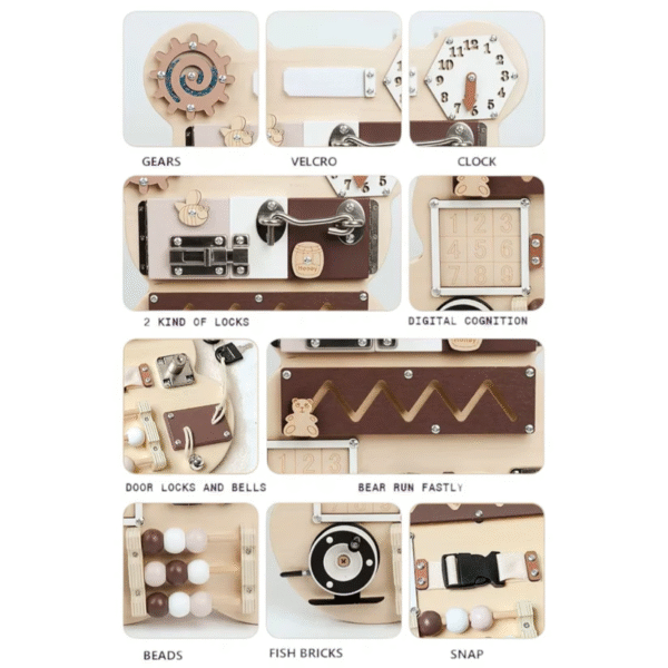 Дървен Бизи Борд Мече GINGER HOME, Монтесори Дъска за Фина Моторика, 30x39 см