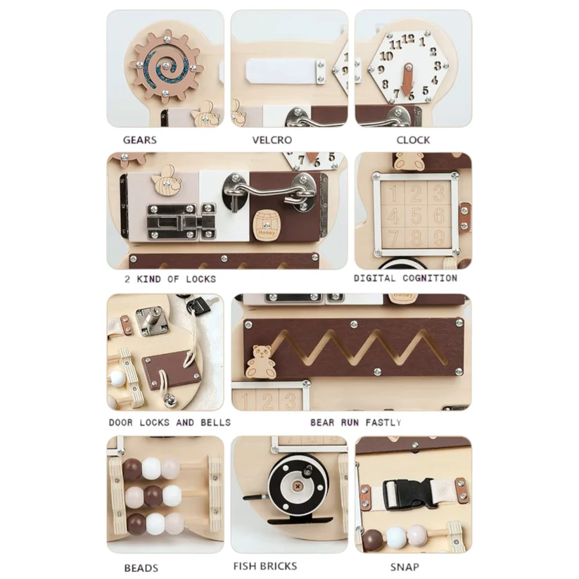 мече 6 Дървен Бизи Борд Мече GINGER HOME, Монтесори Дъска за Фина Моторика, 30x39 см