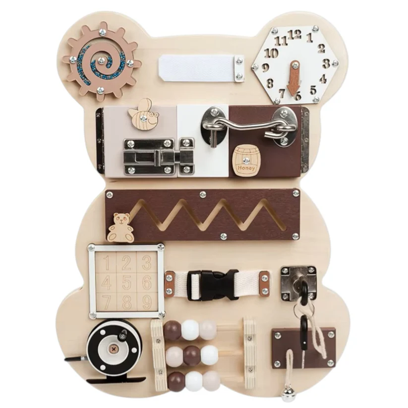 мече Дървен Бизи Борд Мече GINGER HOME, Монтесори Дъска за Фина Моторика, 30x39 см