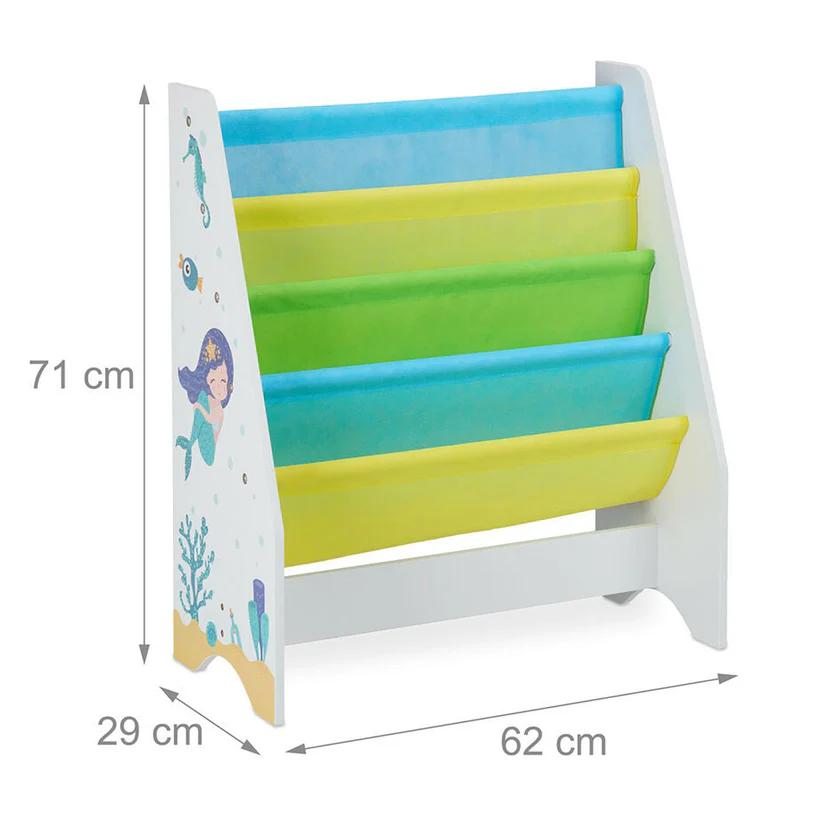 орг Детската етажерка за книги е не само добър помощник за семейния живот, но и очарователна декорация с русалка и делфин за всяка детска стая.
