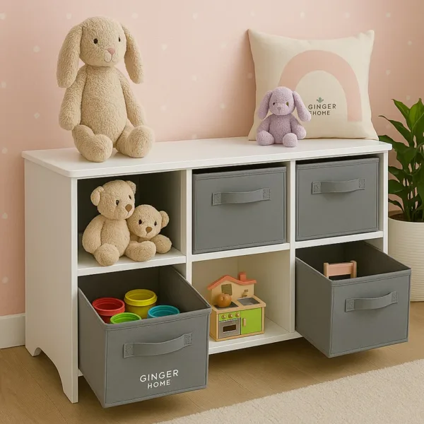 Детски Скрин GINGER HOME с 6 Текстилни Кутии за Съхранение на Играчки и Аксесоари, Сиво и Бяло