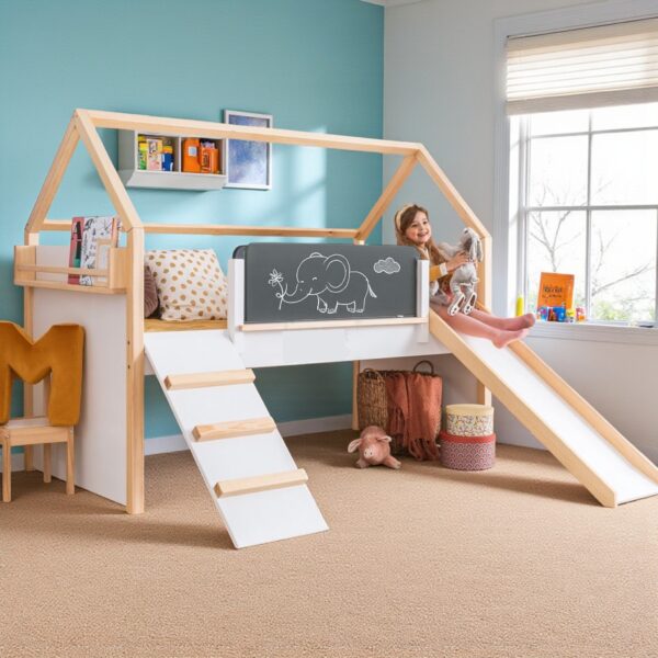 Детско Легло Къщичка GINGER HOME, Монтесори, Двуетажно, Пързалка, Черна Дъска, Подматрачна Рамка 90х200 см