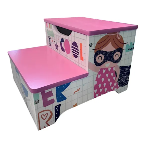 Детско Столче GINGER HOME, Дървено Стъпало на 2 Нива, Стълба за Детска Стая, розово, SUPER GIRL