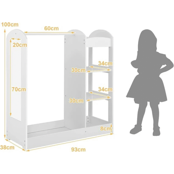 Осигурете на вашето дете стилно и функционално решение за съхранение с Детска стойка за дрехи с огледало GINGER HOME. Този бял Детски гардероб е идеален за организиране на детските дрехи, аксесоари и обувки, като добавя елегантен акцент към всяка Детска стая.