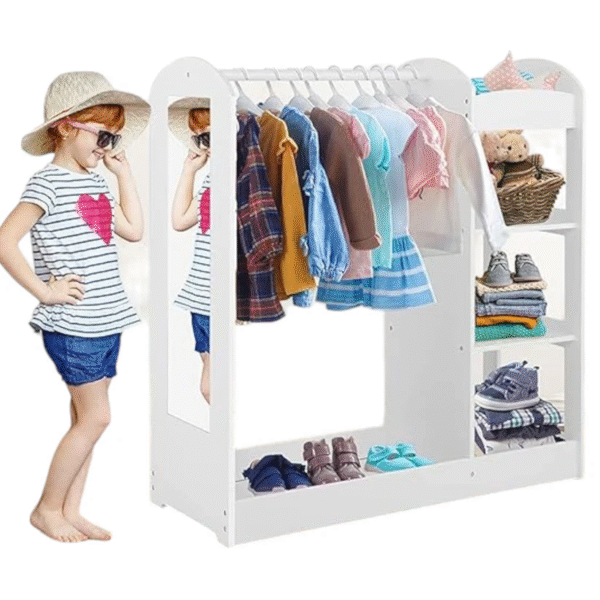 Осигурете на вашето дете стилно и функционално решение за съхранение с Детска стойка за дрехи с огледало GINGER HOME. Този бял Детски гардероб е идеален за организиране на детските дрехи, аксесоари и обувки, като добавя елегантен акцент към всяка Детска стая.